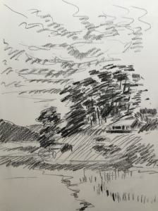 Tomales Bay looking north from Point Reyes Station, charcoal sketch. Robin L. Chandler Copyright 2015.